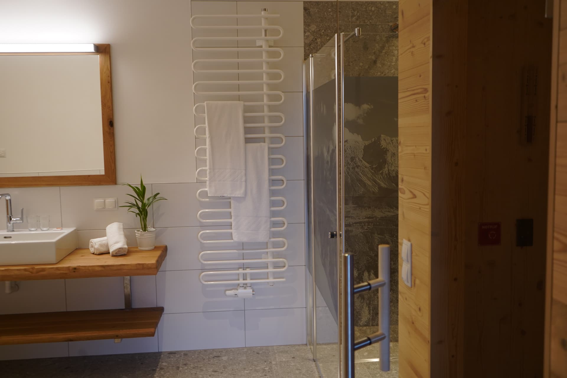 Badezimmer mit Dusche und Handtuchheizkörper