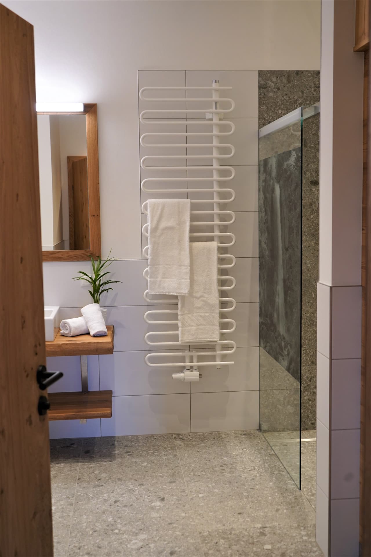 Badezimmer mit Dusche und Handtuchheizkörper